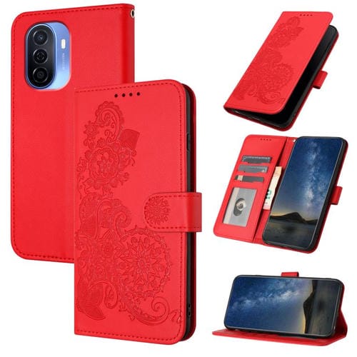 Funda de Cuero con Tapa y Relieve Flor de Datura para Huawei Enjoy 50/Nova Y70 (Roja)