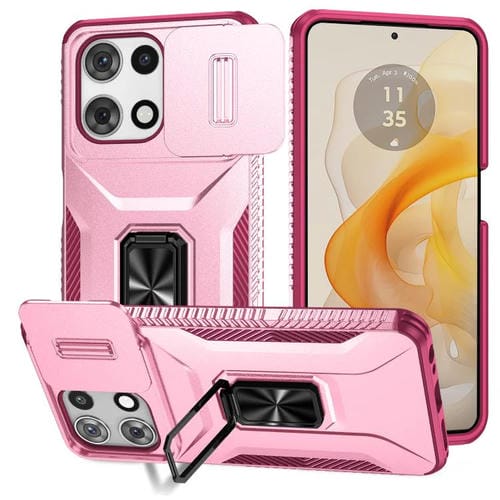 Funda para Teléfono Motorola Moto G 5G 2025 con Soporte Deslizante y Protector de Pantalla (Rosa + Rojo Rosa)