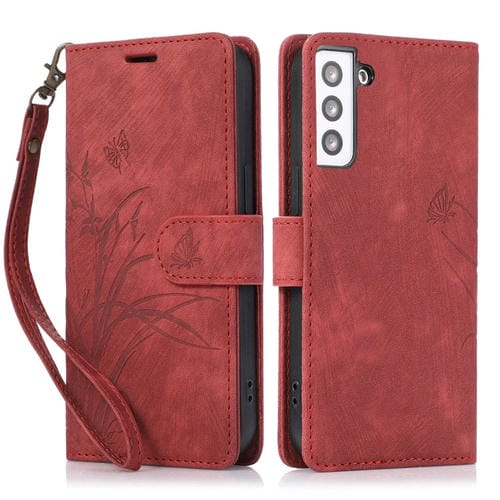 Funda para Teléfono Samsung Galaxy S21 5G Cuero Relieve Mariposa Orquídea (Rojo)