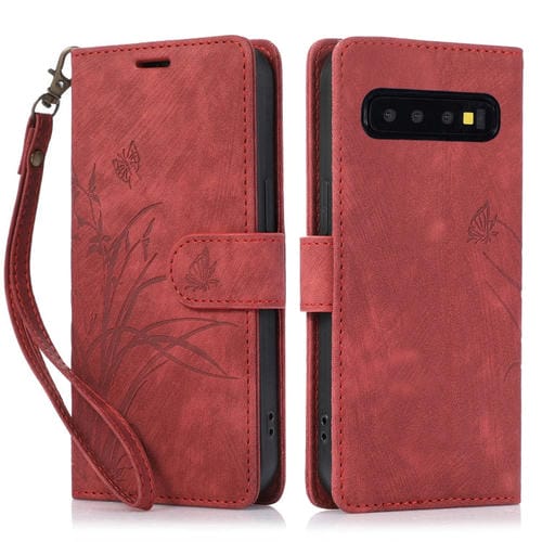 Funda para Samsung Galaxy S10 Cuero Relieve Mariposa Orquídea (Rojo)