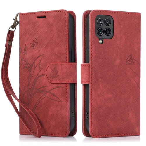Funda para Teléfono Samsung Galaxy A12 M12 Cuero Relieve Mariposa Orquídea (Rojo)
