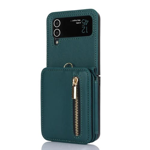 Funda para Samsung Galaxy Z Flip4 Ranuras Tarjetas Cremallera Estuche Plegable Rfid Cordón Largo (Verde)