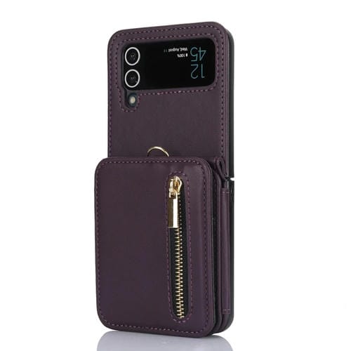 Estuche plegable para teléfono Samsung Galaxy Z Flip4 con ranuras para tarjetas y cremallera Rfid con cordón largo (Púrpura Oscuro)