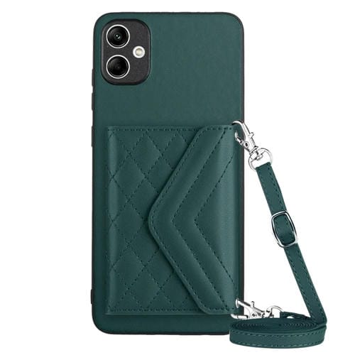 Funda para Teléfono Samsung Galaxy A05 4G Rfid con Bolsa para Tarjetas Textura Rómbica y Cordón Largo (Verde)