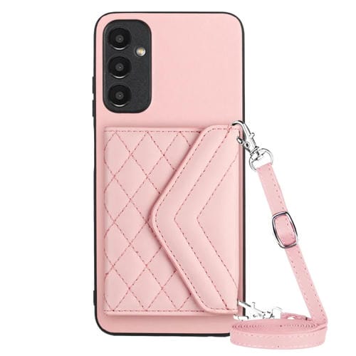 Estuche para Teléfono Samsung Galaxy A05S 4G Rfid con Bolsa para Tarjetas Textura Rómbica y Cordón Largo (Oro Rosa)