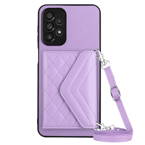 Estuche para Teléfono Samsung Galaxy A52 Rfid con Bolsa para Tarjetas Textura Rómbica Cordón Largo (Púrpura Claro)