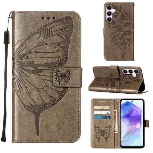 Funda de Cuero para Samsung Galaxy A55 con Mariposa en Relieve (Gris)