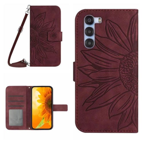 Funda de Cuero para ZTE Nubia S 5G A403Zt con Diseño de Girasol y Cordón (Rojo Vino)