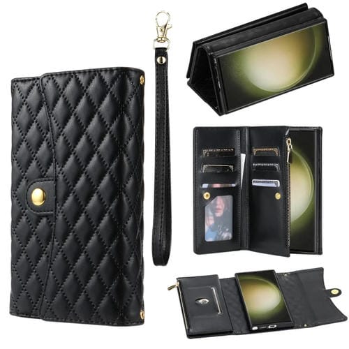 Estuche para Teléfono Samsung Galaxy Note10 Cuero Rómbico con Billetera MultiTarjeta y Cremallera (Negro)