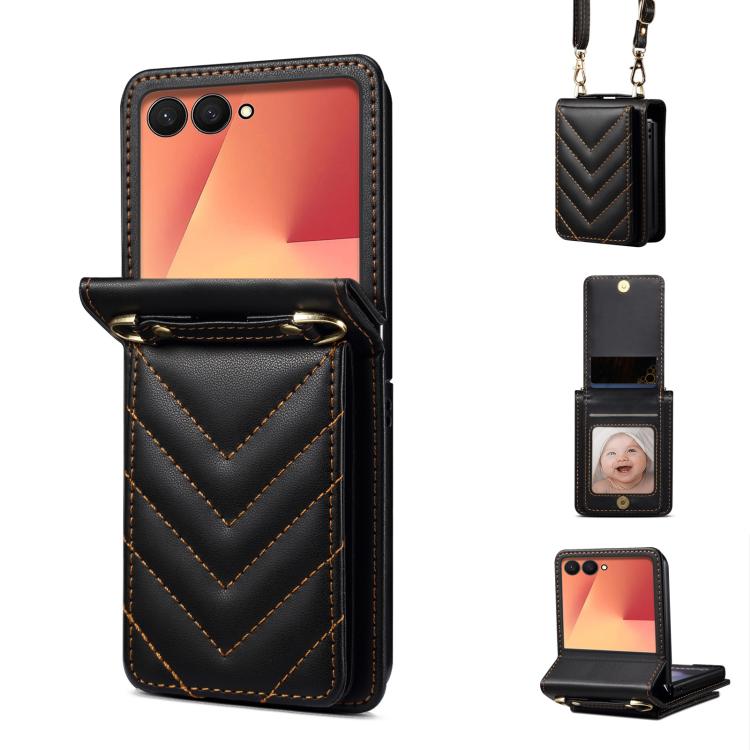 Funda de cuero plegable con diseño rómbico y cordón largo para Samsung Galaxy Z Flip7 5G (negra)