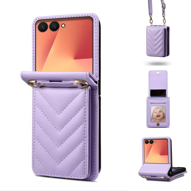 Funda de cuero plegable con diseño rómbico y cordón largo para Samsung Galaxy Z Flip7 5G (morado)