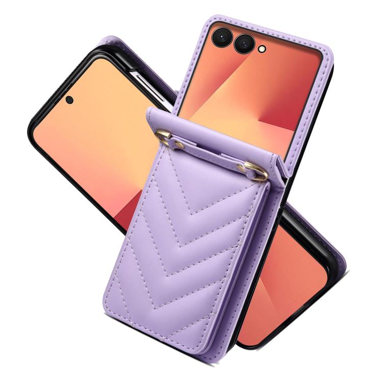 Funda de cuero plegable con diseño rómbico y cordón largo para Samsung Galaxy Z Flip7 5G (morado)