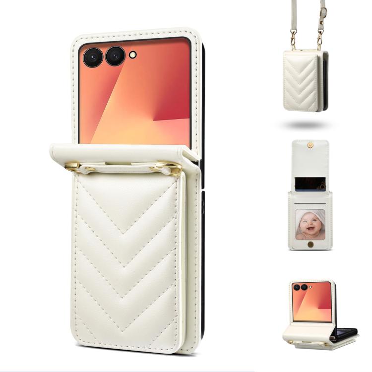Funda de cuero plegable con diseño rómbico y cordón largo para Samsung Galaxy Z Flip7 5G (blanca)