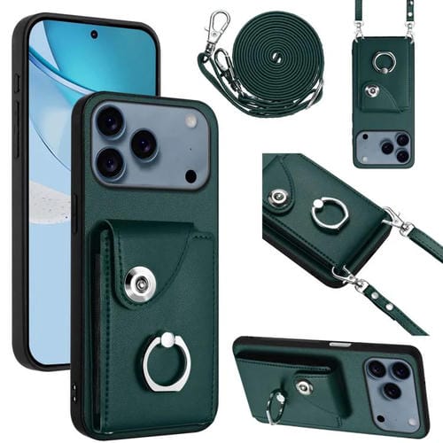 Funda para iPhone 17 Pro Max con tarjetero, anilla y cordón largo (verde)