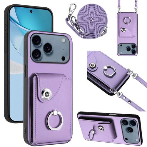 Funda para iPhone 17 Pro Max con tarjetero, anillo y cordón largo (morado)