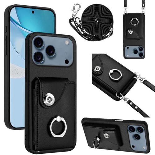 Funda para iPhone 17 Pro Max con tarjetero, anillo y cordón largo (negro)