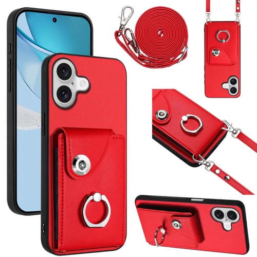 Funda para iPhone 17 con tarjetero, anilla y cordón largo (roja)