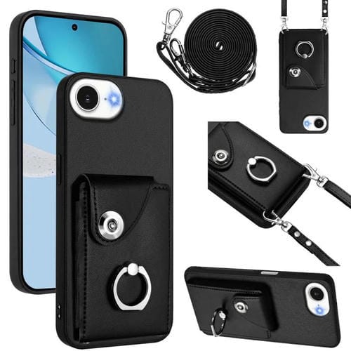 Funda para iPhone 16e con tarjetero, anilla y cordón largo (negra)