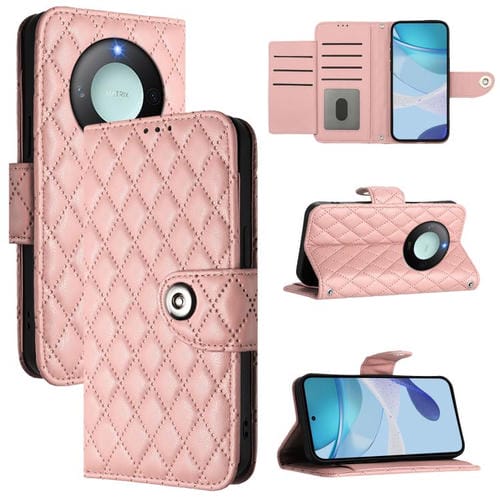 Funda de Cuero con Tapa y Cordón para Honor X9C Smart 5G con Textura Rómbica (Rosa Coral)