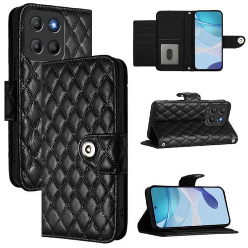 Funda de Cuero con Tapa y Textura Rombal para Motorola Moto G15 con Cordón (Negro)