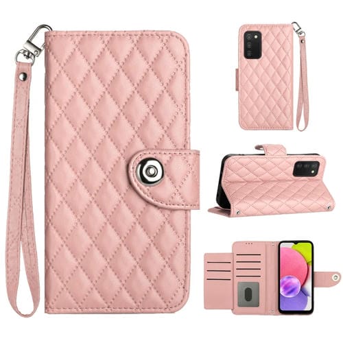 Funda para Teléfono Samsung Galaxy A03S Cuero con Tapa Textura Rómbica y Cordón (Rosa Coral)