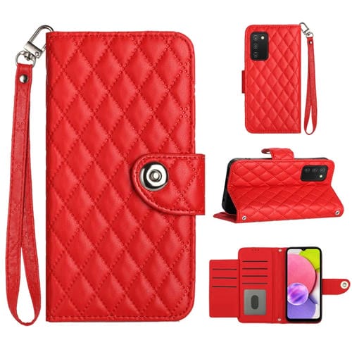 Funda de Cuero para Samsung Galaxy A03S Eu con Tapa Textura Rómbica y Cordón (Rojo)