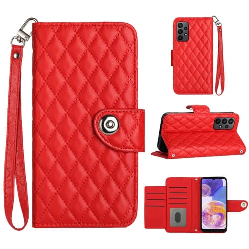 Funda para Teléfono Samsung Galaxy A13 4G 5G con Tapa de Cuero Textura Rómbica y Cordón (Rojo)