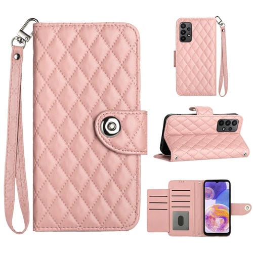Funda para Teléfono Samsung Galaxy A33 5G con Tapa de Cuero Textura Romboidal y Cordón (Rosa Coral)