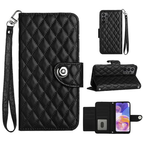 Funda para Samsung Galaxy A53 5G de Cuero con Tapa Textura RĂłmbica y CordĂłn (Negro)