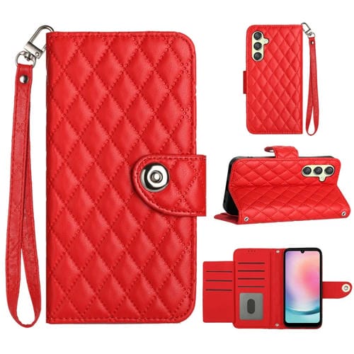 Funda de Cuero para Samsung Galaxy A54 con Tapa Textura Rómbica y Cordón (Rojo)