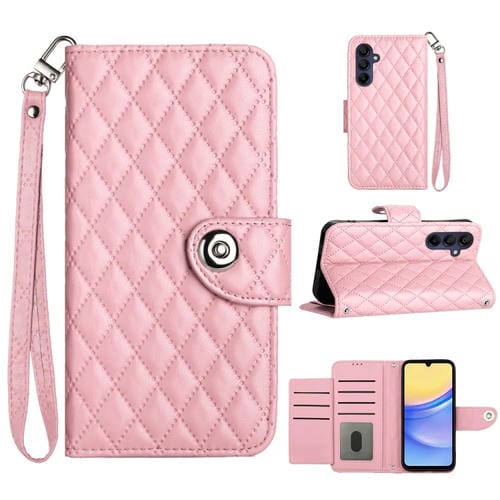 Funda de Cuero para Samsung Galaxy A55 con Tapa Textura RĂłmbica y CordĂłn (Rosa)