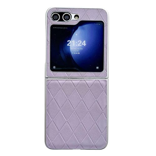Funda para Teléfono Samsung Galaxy Z Flip5 5G Cuero a Cuadros con Pintura Nacarada y Forma de Diamante (Púrpura)