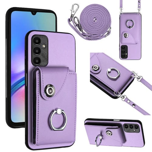 Funda para teléfono Samsung Galaxy A15 4G con soporte para anillo y bolsa para tarjeta con cordón largo (Púrpura)