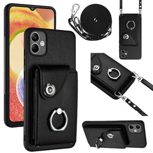Funda para Teléfono Samsung Galaxy A05 con Soporte para Anillo y Bolsa para Tarjeta con Cordón Largo (Negro)
