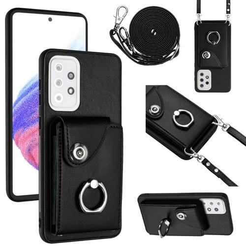 Funda para teléfono Samsung Galaxy A33 5G con soporte para anillo y bolsa para tarjeta con cordón largo (Negro)