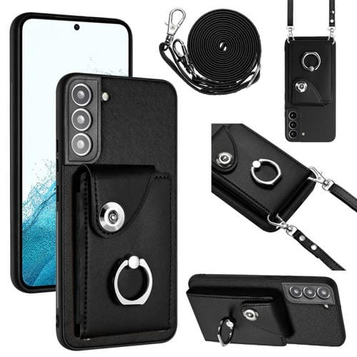 Funda para Teléfono Samsung Galaxy S22 + 5G con Soporte para Anillo y Bolsa para Tarjeta con Cordón Largo (Negro)