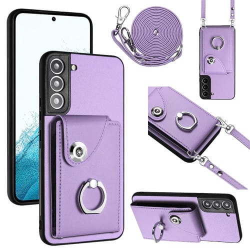 Funda para Teléfono Samsung Galaxy S21 FE 5G con Soporte para Anillo y Bolsa para Tarjeta con Cordón Largo (Púrpura)