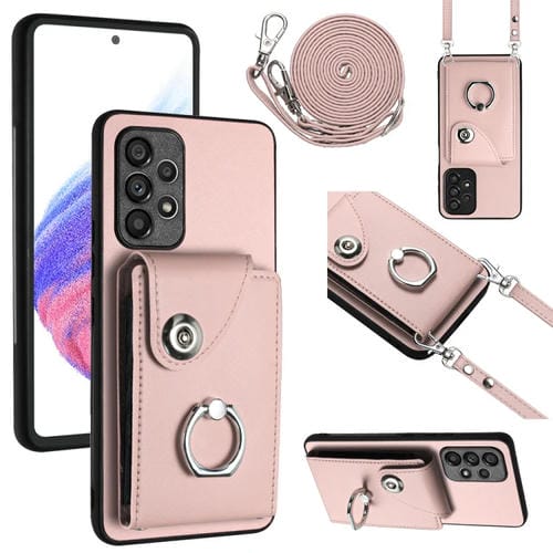 Funda para Teléfono Samsung Galaxy A52 5G con Soporte para Anillo y Bolsa para Tarjeta con Cordón Largo (Rosa)