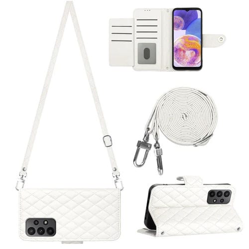 Funda para Teléfono Samsung Galaxy A23 4G F23 5G con Tapa de Cuero Textura Rómbica y Cordón Largo (Blanco)