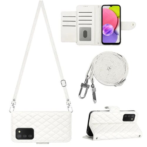 Funda de Cuero Samsung Galaxy A03S Eu con Tapa Textura Rómbica y Cordón Largo (Blanco)