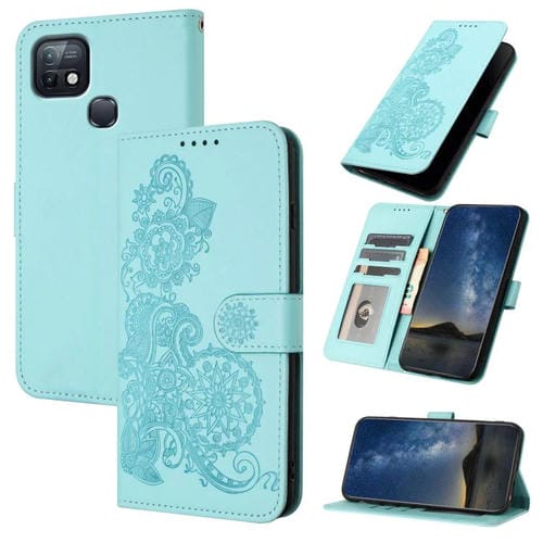 Funda de Cuero con Tapa y Diseño Flor de Datura en Relieve para Infinix Hot 10I (Azul Claro)