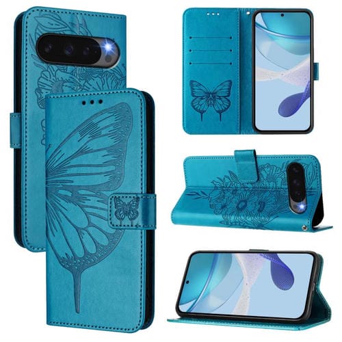 Funda de Cuero con Diseño de Mariposa en Relieve para Google Pixel 10 Pro (Azul)