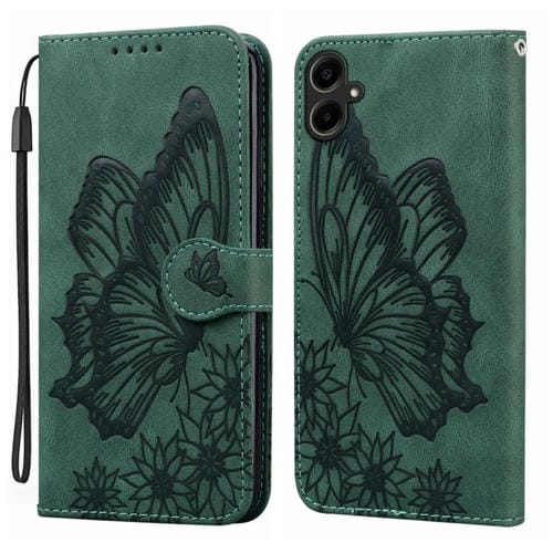 Funda de cuero con tapa horizontal y diseño retro de mariposas en relieve para Samsung Galaxy A07 4G/A06 4G (verde)
