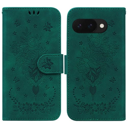 Funda de Cuero con Relieve Mariposa y Rosa para Google Pixel 9A (Verde)