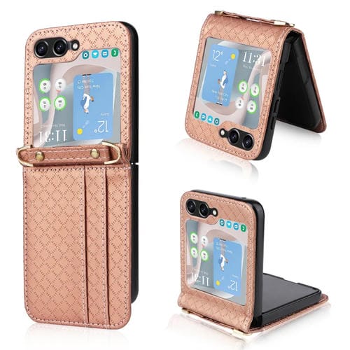Funda para Teléfono Plegable Samsung Galaxy Z Flip5 Entramado de Diamantes Cruzado (Oro Rosa)
