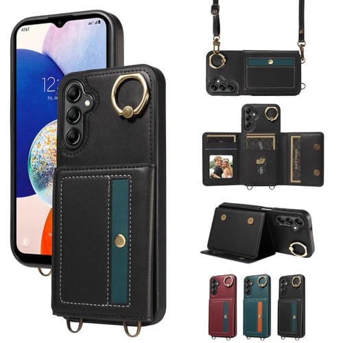 Funda para Samsung Galaxy A15 Crossbody Wallet Bag con Ring Holder y Cuero (Negro)