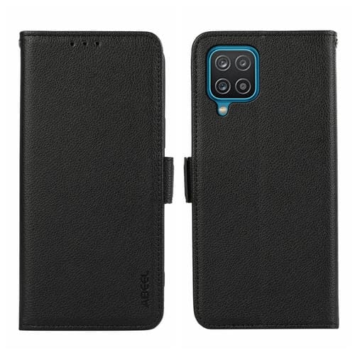 Funda para Teléfono Samsung Galaxy A12 Abeel Cuero Rfid Patrón Litchi Magnético Lateral (Negro)