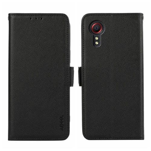 Funda para Teléfono Samsung Galaxy Xcover7 Abeel Cuero Patrón Litchi RFID Magnético Lateral (Negro)