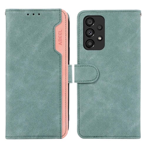 Funda de Cuero Abeel para Samsung Galaxy A33 5G Color Block Magnética Rfid (Cian-Rosa)