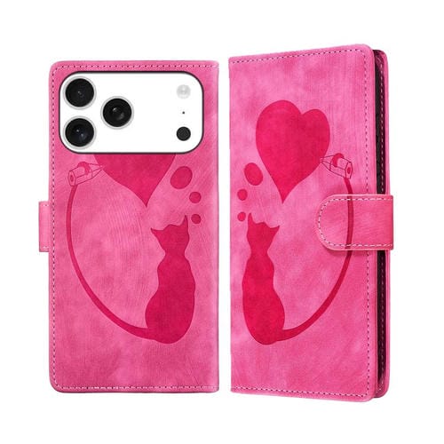 Funda de cuero con relieve de gato y corazón para iPhone 17 Pro Max (rosa)